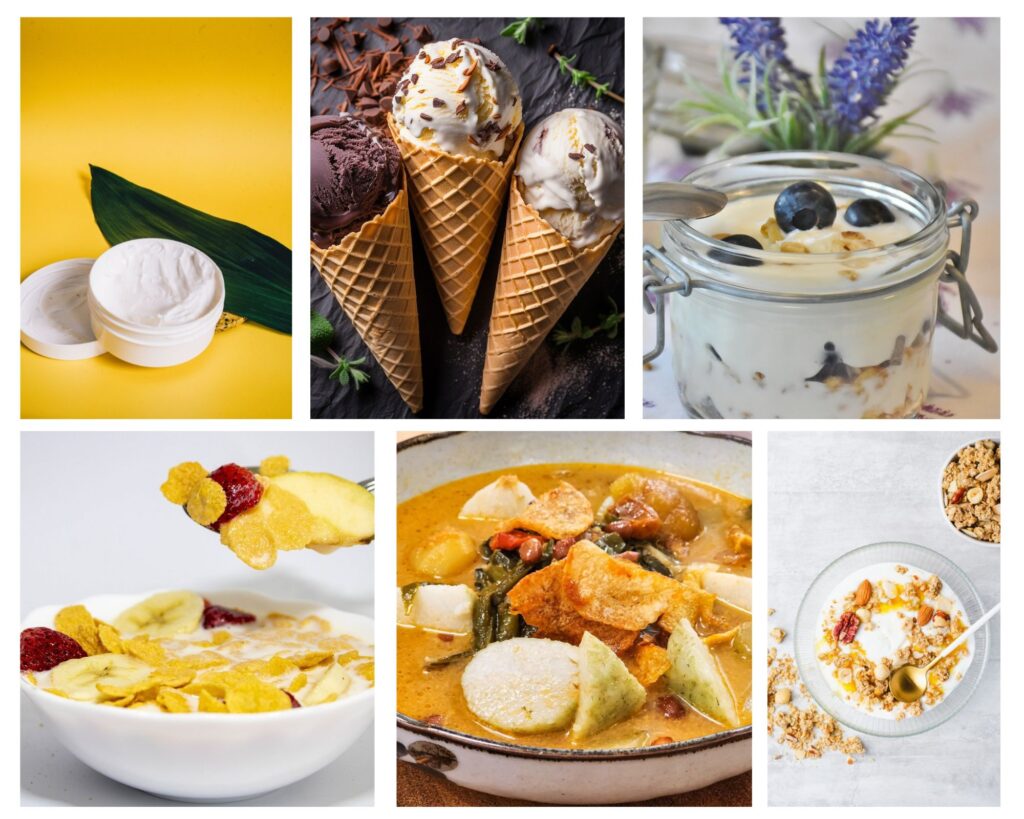 Photo collage of coconut milk product applications