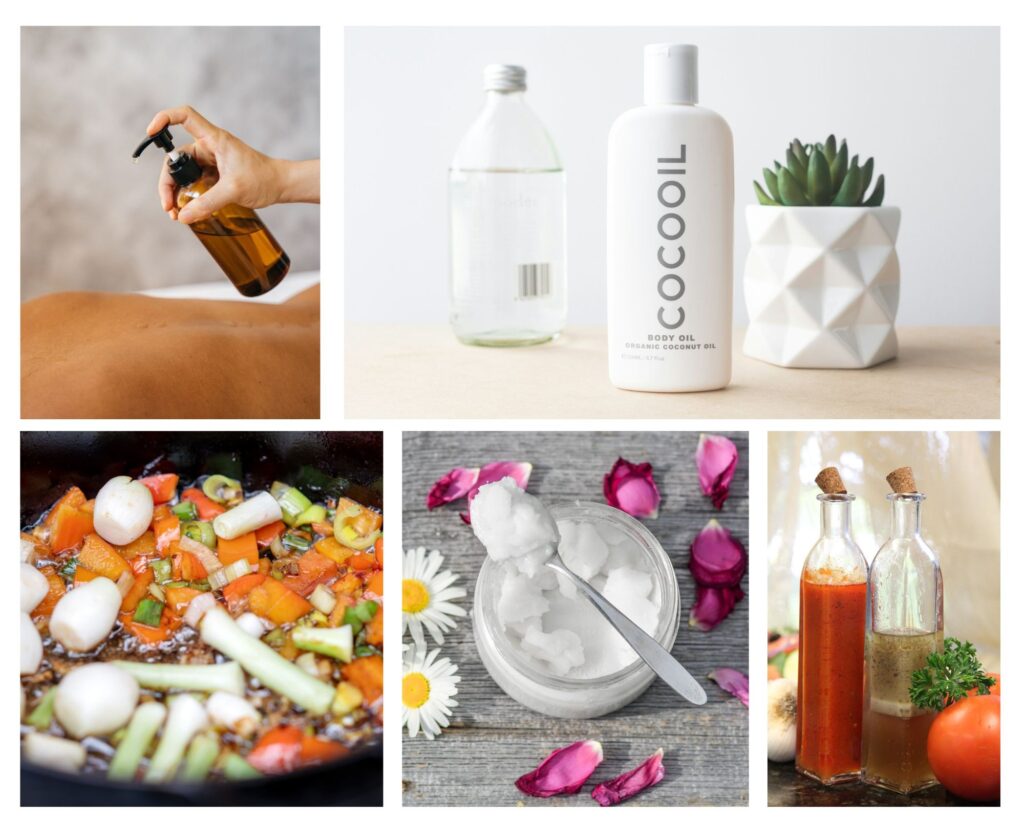 Photo collage of coconut oil product applications