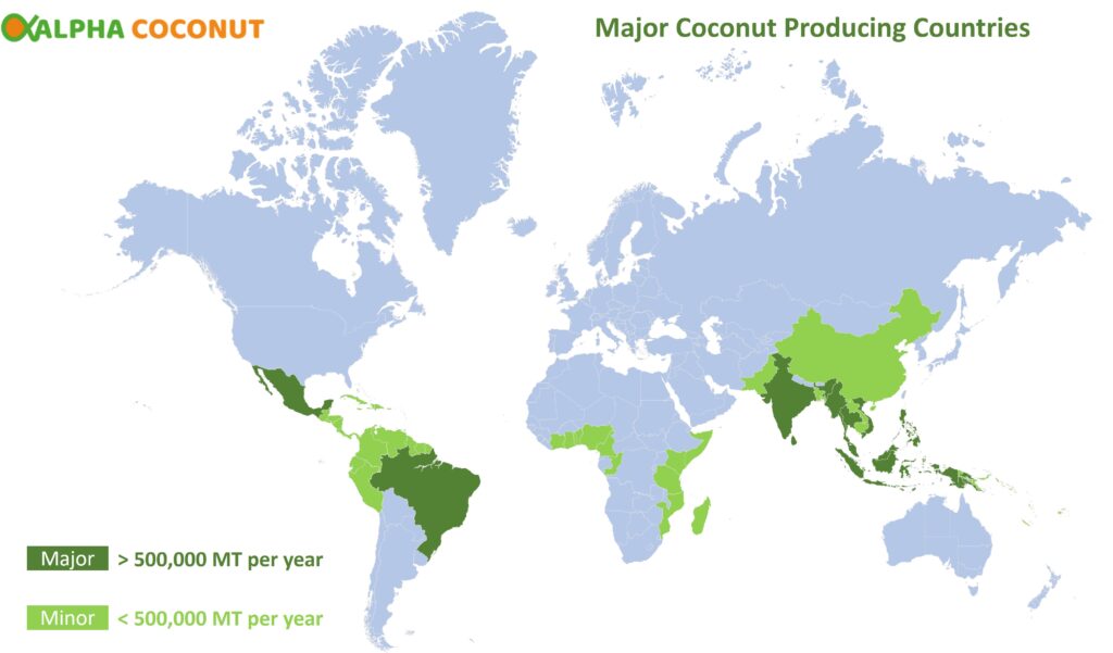 World map showing the major coconut producing countries